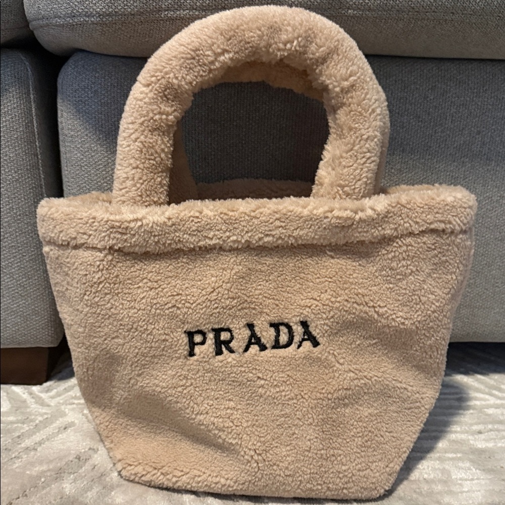 Prada Beige Shearling Tote with Black Logo